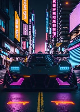 Dark Neon City Sports Car