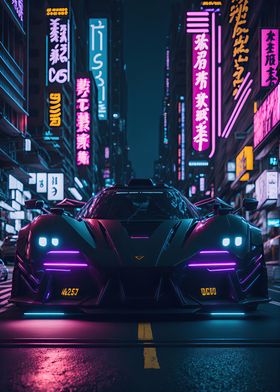 Dark Neon City Sports Car