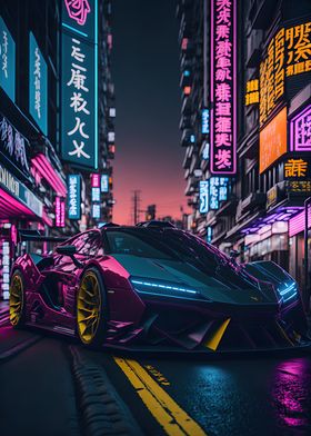 Dark Neon City Sports Car