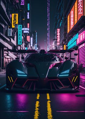 Dark Neon City Sports Car