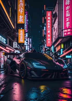 Dark Neon City Sports Car