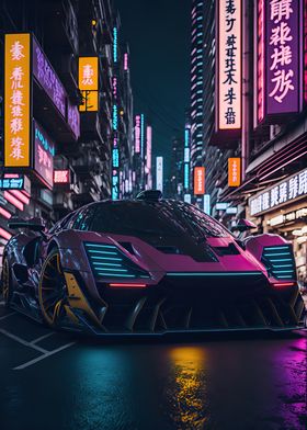 Dark Neon City Sports Car