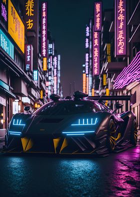 Dark Neon City Sports Car