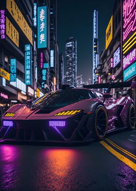 Dark Neon City Sports Car