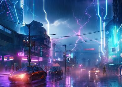 Cyberpunk Neon City Street