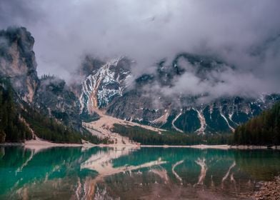 Braies Lake in a foggy day