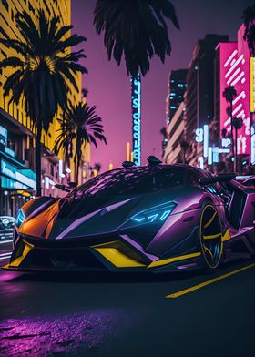 Dark Neon City Sports Car