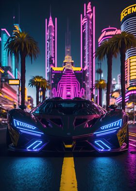 Dark Neon City Sports Car