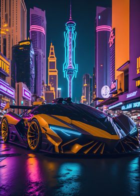 Dark Neon City Sports Car