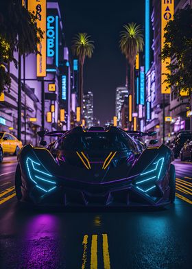 Dark Neon City Sports Car