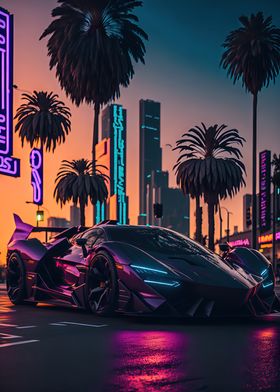 Dark Neon City Sports Car