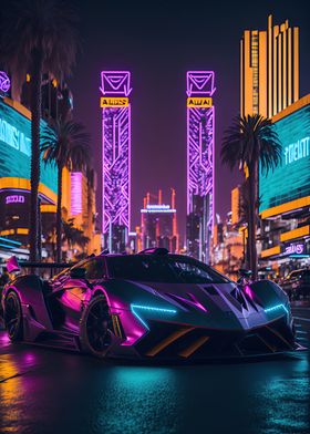 Dark Neon City Sports Car