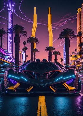 Dark Neon City Sports Car