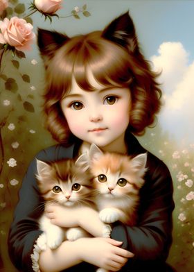 Vintage Girl with Kittens