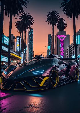 Dark Neon City Sports Car