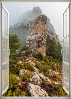 Window view mountain fog