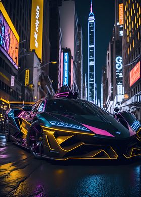 Dark Neon City Sports Car