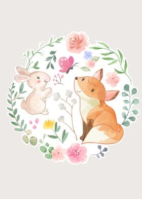 Cute fox and rabbit