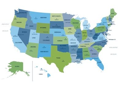 US Map in Blue and Green