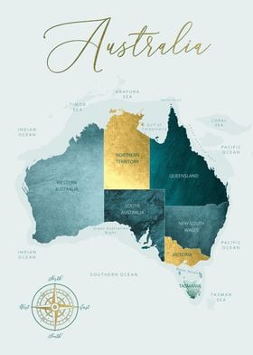 Map of Australia Teal Gold