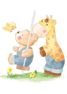 Cute bear and giraffe