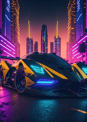 Dark Neon City Sports Car