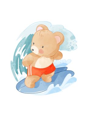 Cute cartoon bear surfing
