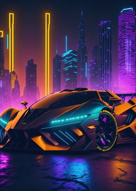 Dark Neon City Sports Car