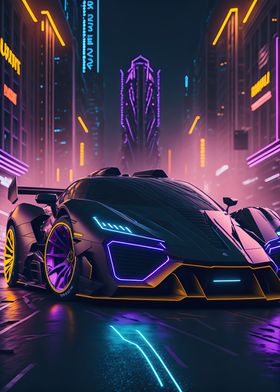 Dark Neon City Sports Car