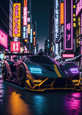 Dark Neon City Sports Car