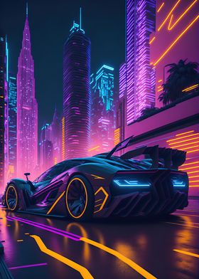 Dark Neon City Sports Car