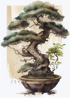 Watercolor Bonsai tree