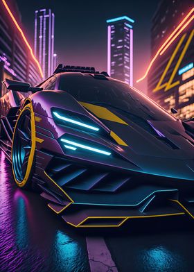 Dark Neon City Sports Car