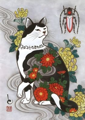 Ukiyo e Cat Tattoo Floral