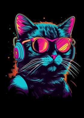 Neon Cat Wearing Headphone