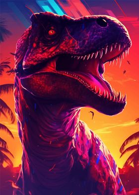 Dinosaur Sunset SynthWave