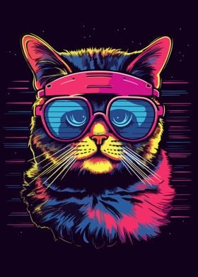 Neon Cat with Sunglasses