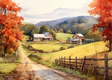 Watercolor Farm Landscapes