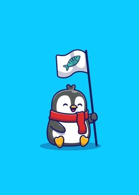 Cute Penguin Holding Flag