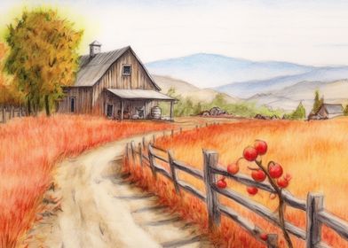 Watercolor Farm Landscapes