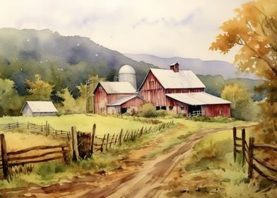 Watercolor Farm Landscapes