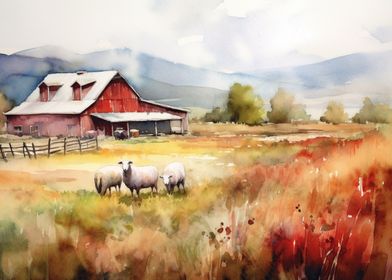 Watercolor Farm Landscapes