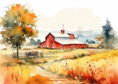 Watercolor Farm Landscapes