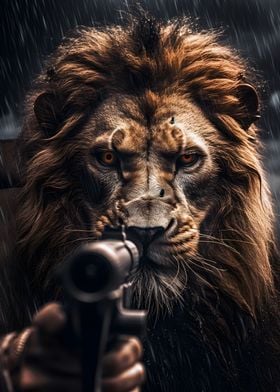 angry lion with gun art