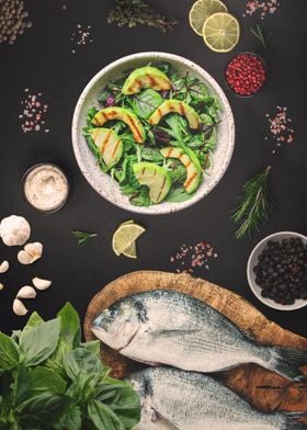 Avocado salad and fish