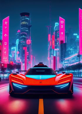 Asian Neon City Sports Car