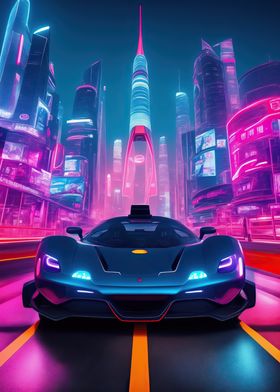 Asian Neon City Sports Car