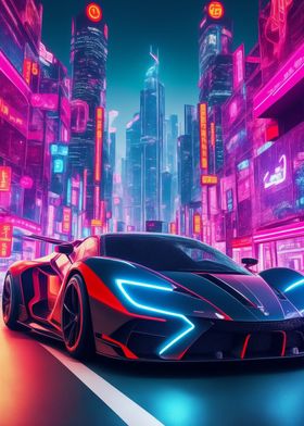 Asian Neon City Sports Car