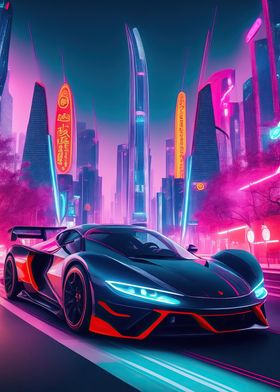 Asian Neon City Sports Car