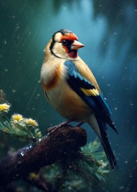 Bird Goldfinch in rain